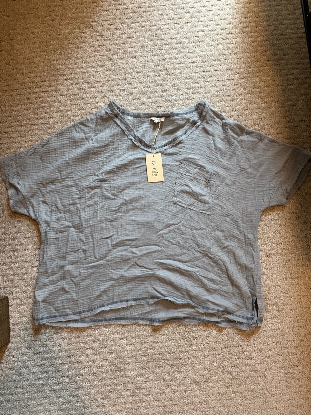LA MIEL Dusty Blue Relaxed V-Neck Short Sleeve Top